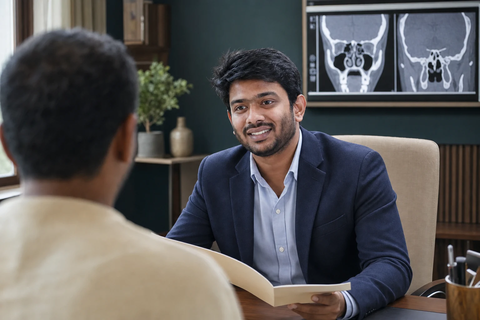 Consultation scene with Dr. Sasank Sai Raavi, a patient viewed from behind and a scan monitor.