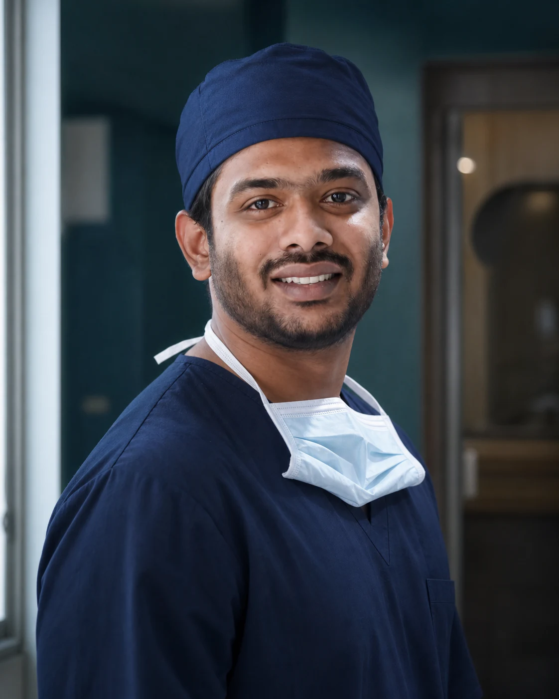 Portrait of Dr. Sasank Sai Raavi in surgical scrubs with a mask at the neck.